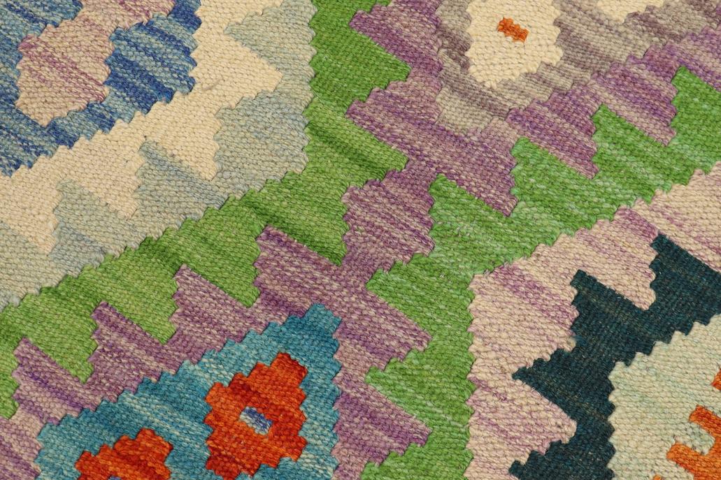 Flat Weave Kilim, Antique, Navaho, Vintage, Handmade, Geometric Kilim Blue Orange Hand-Woven Rectangle 100% Wool Area Rug 4 x 6