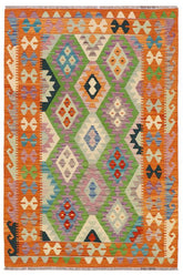 Flat Weave Kilim Antique Navaho Vintage handmade Geometric Kilim Blue Orange Hand-Woven Rectangle 100% Wool Area Rug 4x6