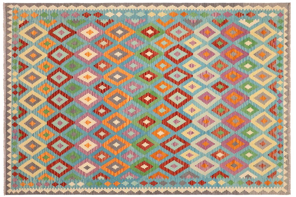 Flat Weave Kilim, Antique, Navaho, Vintage, Handmade, Geometric Kilim Blue Gray Hand-Woven Rectangle 100% Wool Area Rug 8 x 10