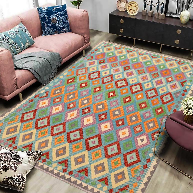 Flat Weave Kilim, Antique, Navaho, Vintage, Handmade, Geometric Kilim Blue Gray Hand-Woven Rectangle 100% Wool Area Rug 8 x 10