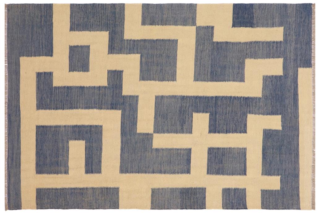 Flat Weave Kilim, Antique, Navaho, Vintage, Handmade, Modern Kilim Blue Beige Hand-Woven Rectangle 100% Wool Area Rug 5 x 6