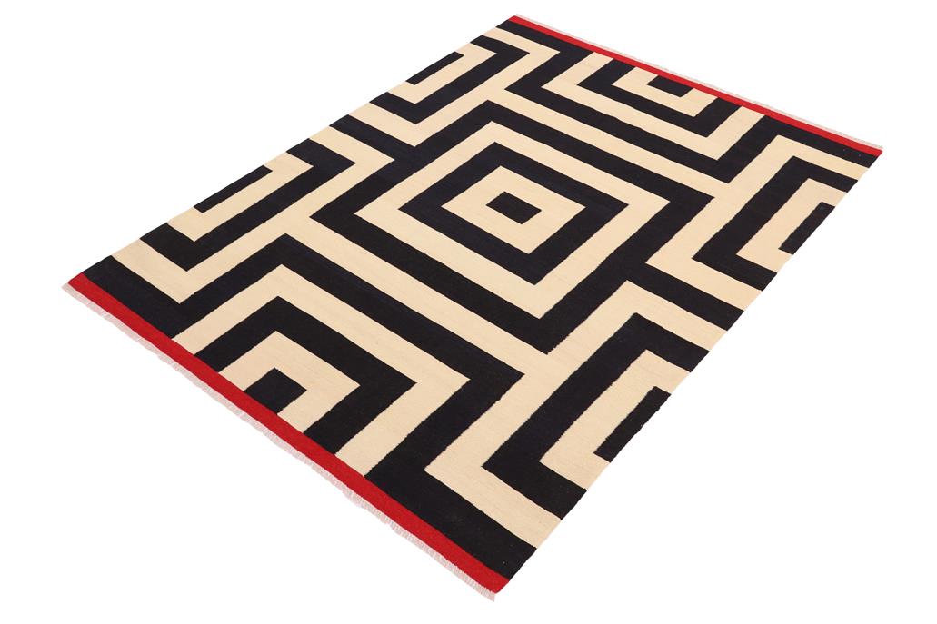 Flat Weave Kilim, Antique, Navaho, Vintage, Handmade, Modern Kilim Beige Black Hand-Woven Rectangle 100% Wool Area Rug 6 x 8