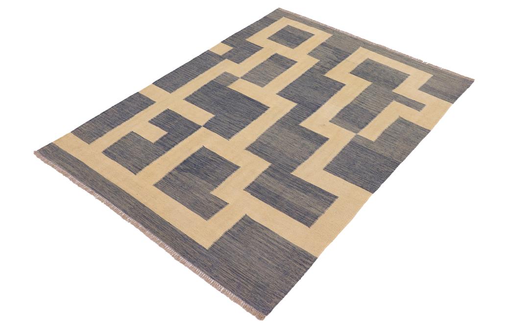 Flat Weave Kilim, Antique, Navaho, Vintage, Handmade, Modern Kilim Blue Beige Hand-Woven Rectangle 100% Wool Area Rug 5 x 6
