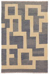 Flat Weave Kilim Antique Navaho Vintage handmade Modern Kilim Blue Beige Hand-Woven Rectangle 100% Wool Area Rug 5x6