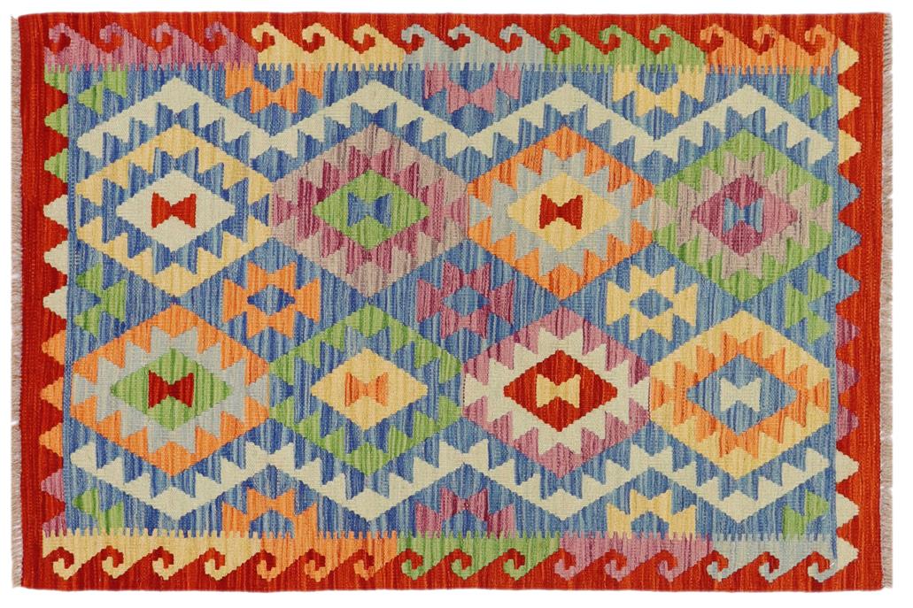 Flat Weave Kilim, Antique, Navaho, Vintage, Handmade, Modern Kilim Blue Rust Hand-Woven Rectangle 100% Wool Area Rug 3 x 4