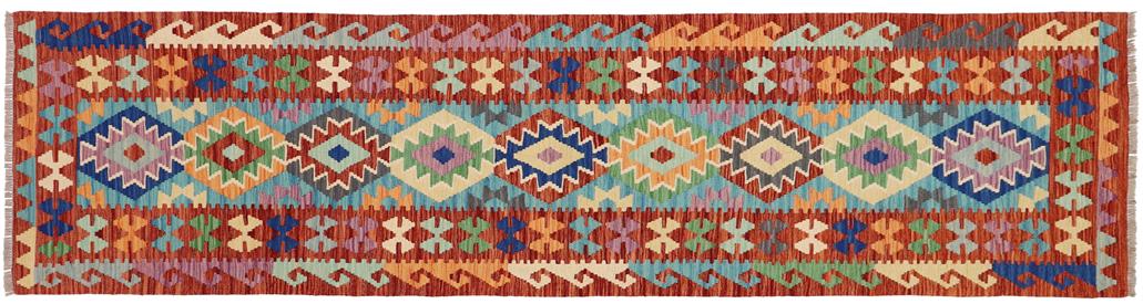 Flat Weave Kilim, Antique, Navaho, Vintage, Handmade, Geometric Kilim Blue Rust Hand-Woven Runner 100% Wool Area Rug 3 x 10