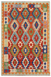 Flat Weave Kilim Antique Navaho Vintage handmade Geometric Kilim Rust Blue Hand-Woven Rectangle 100% Wool Area Rug 5x7