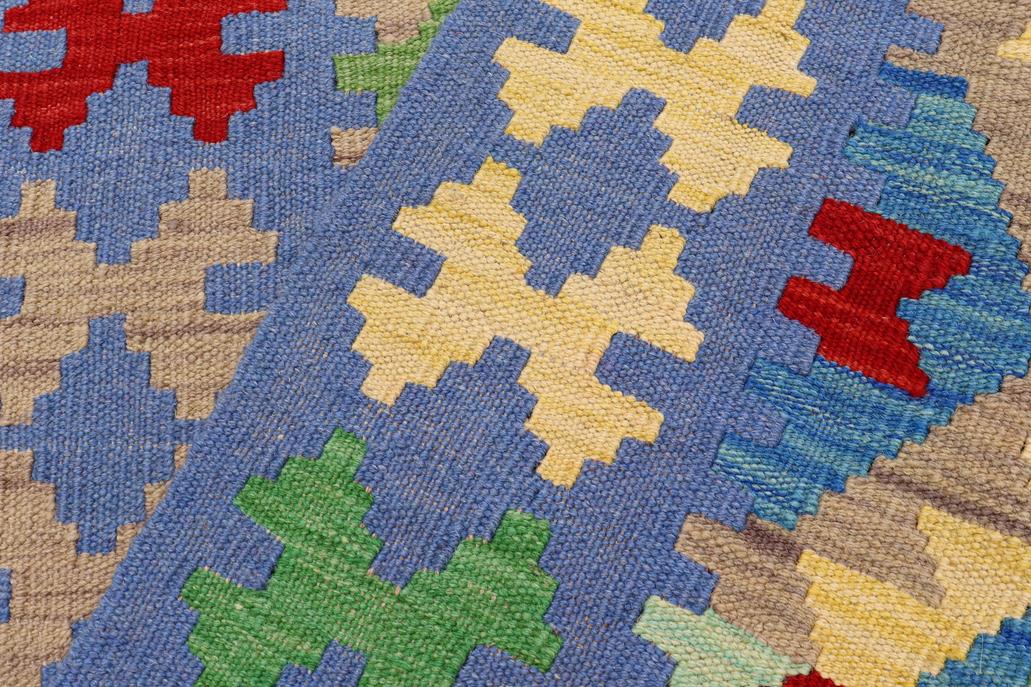 Flat Weave Kilim, Antique, Navaho, Vintage, Handmade, Geometric Kilim Blue Red Hand-Woven Runner 100% Wool Area Rug 3 x 6