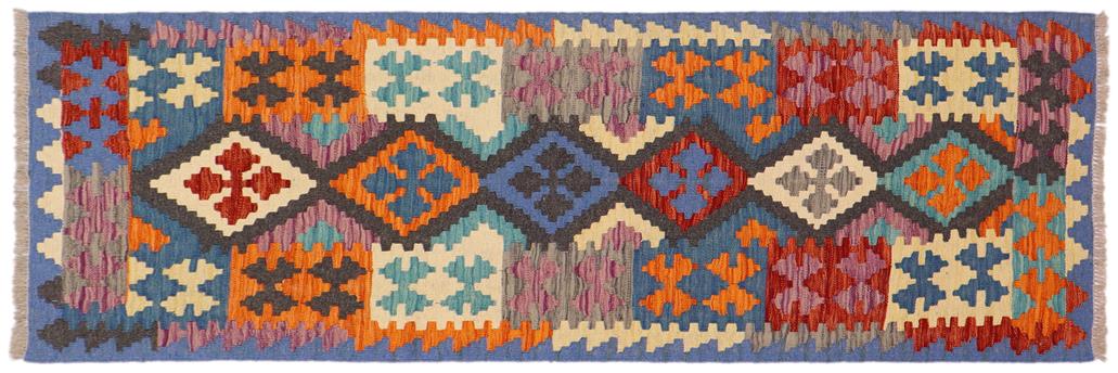 Flat Weave Kilim, Antique, Navaho, Vintage, Handmade, Geometric Kilim Blue Rust Hand-Woven Runner 100% Wool Area Rug 3 x 6