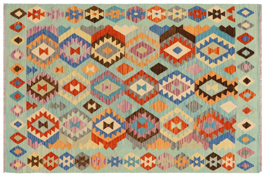Flat Weave Kilim, Antique, Navaho, Vintage, Handmade, Geometric Kilim Blue Rust Hand-Woven Rectangle 100% Wool Area Rug 5 x 6