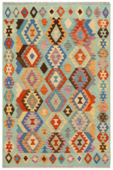 Flat Weave Kilim Antique Navaho Vintage handmade Geometric Kilim Blue Rust Hand-Woven Rectangle 100% Wool Area Rug 5x6
