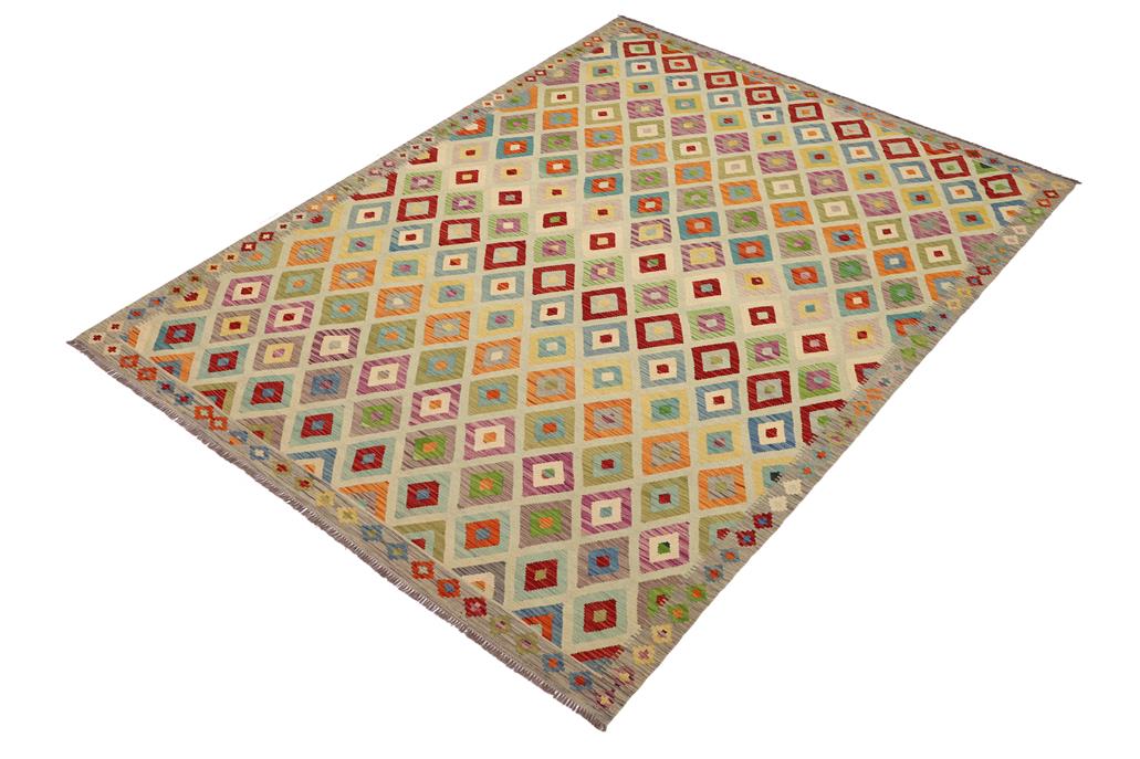Flat Weave Kilim, Antique, Navaho, Vintage, Handmade, Modern Kilim Blue Gray Hand-Woven Rectangle 100% Wool Area Rug 8 x 11