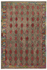 Flat Weave Kilim Antique Navaho Vintage handmade Geometric Kilim Green Red Hand-Woven Rectangle 100% Wool Area Rug 3x6