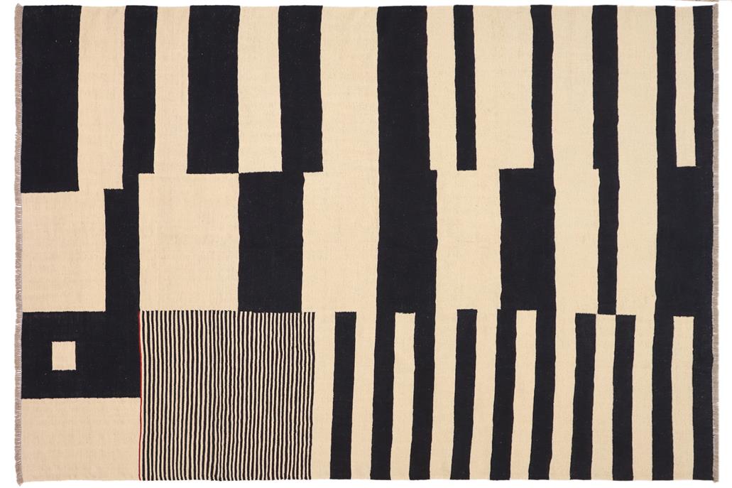 Flat Weave Kilim, Antique, Navaho, Vintage, Handmade, Modern Kilim Beige Black Hand-Woven Rectangle 100% Wool Area Rug 8 x 10