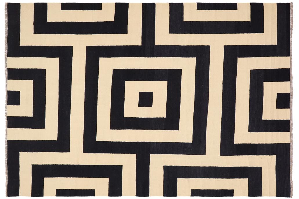 Flat Weave Kilim, Antique, Navaho, Vintage, Handmade, Modern Kilim Beige Black Hand-Woven Rectangle 100% Wool Area Rug 8 x 10