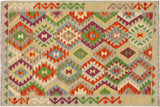 Flat Weave Kilim, Antique, Navaho, Vintage, Handmade, Geometric Kilim Blue Rust Hand-Woven Rectangle 100% Wool Area Rug 4 x 5