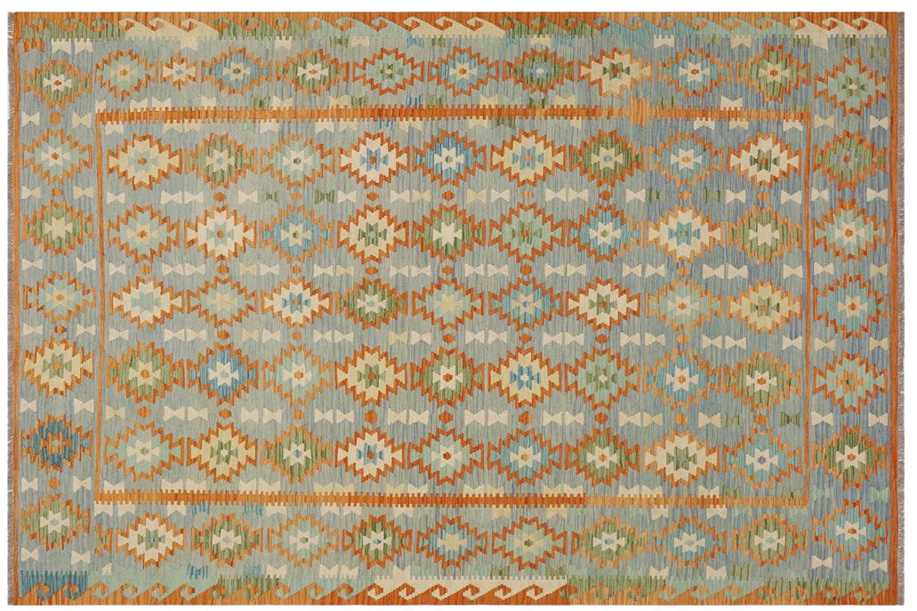 Flat Weave Kilim, Antique, Navaho, Vintage, Handmade, Geometric Kilim Blue Rust Hand-Woven Rectangle 100% Wool Area Rug 8 x 11