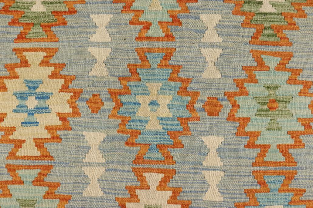 Flat Weave Kilim, Antique, Navaho, Vintage, Handmade, Geometric Kilim Blue Rust Hand-Woven Rectangle 100% Wool Area Rug 8 x 11