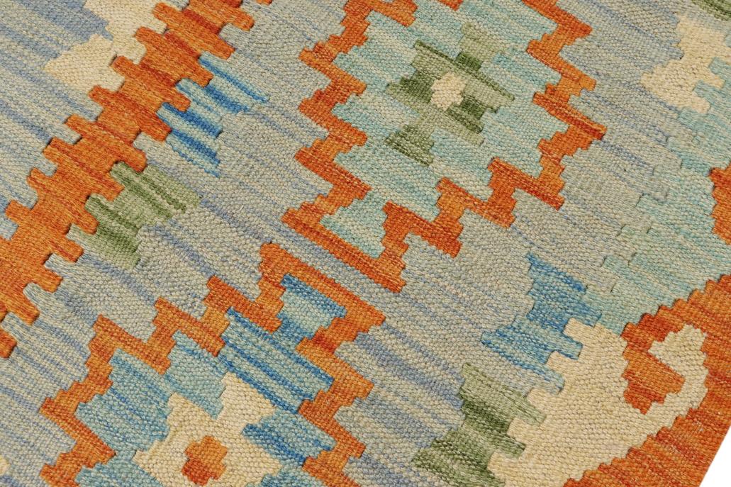 Flat Weave Kilim, Antique, Navaho, Vintage, Handmade, Geometric Kilim Blue Rust Hand-Woven Rectangle 100% Wool Area Rug 8 x 11