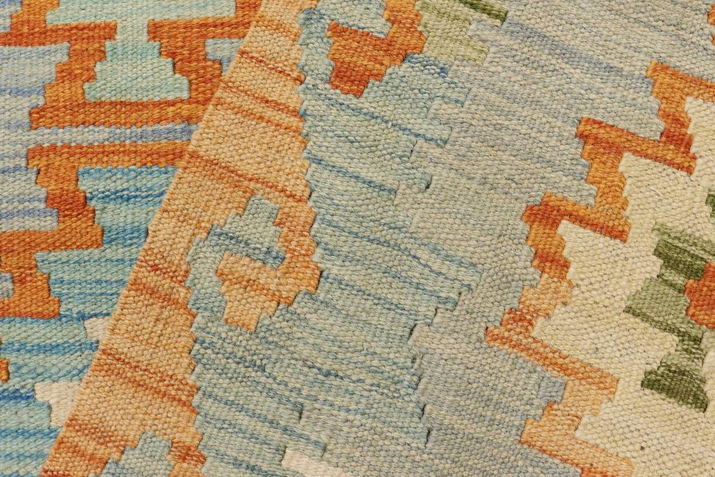 Flat Weave Kilim, Antique, Navaho, Vintage, Handmade, Geometric Kilim Blue Rust Hand-Woven Rectangle 100% Wool Area Rug 8 x 11
