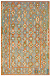 Flat Weave Kilim Antique Navaho Vintage handmade Geometric Kilim Blue Rust Hand-Woven Rectangle 100% Wool Area Rug 8x11