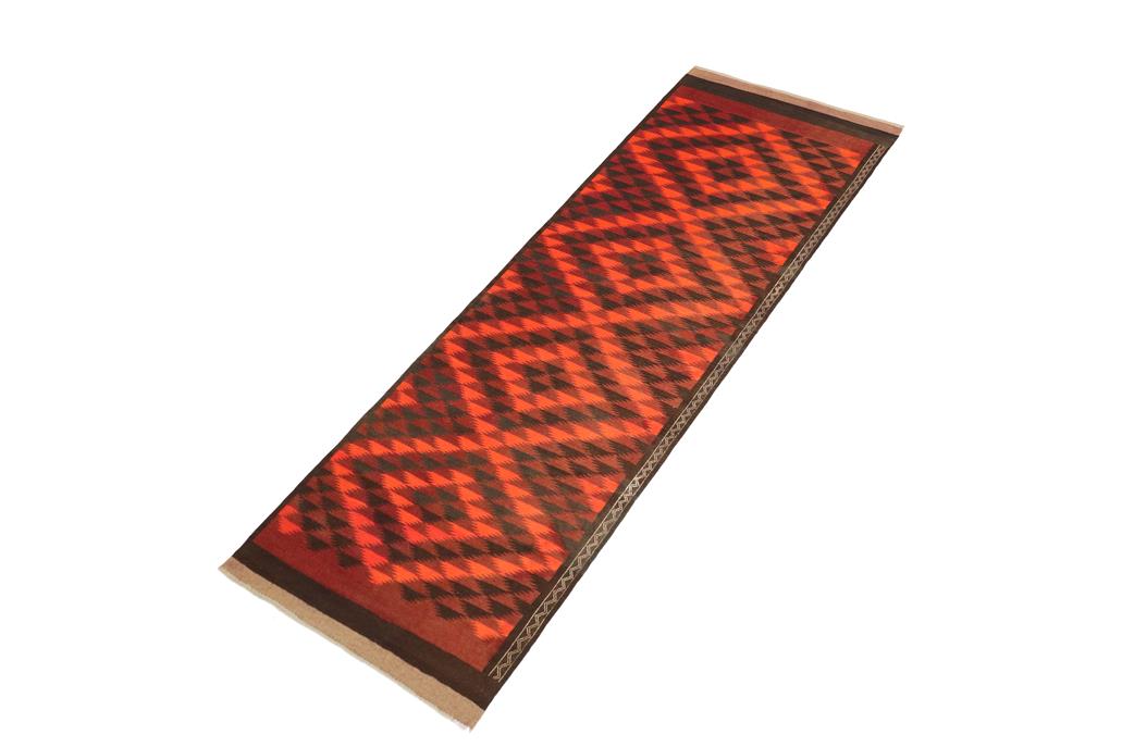 Flat Weave Kilim, Antique, Navaho, Vintage, Handmade, Geometric Kilim Rust Burgundy Hand-Woven Runner 100% Wool Area Rug 4 x 12