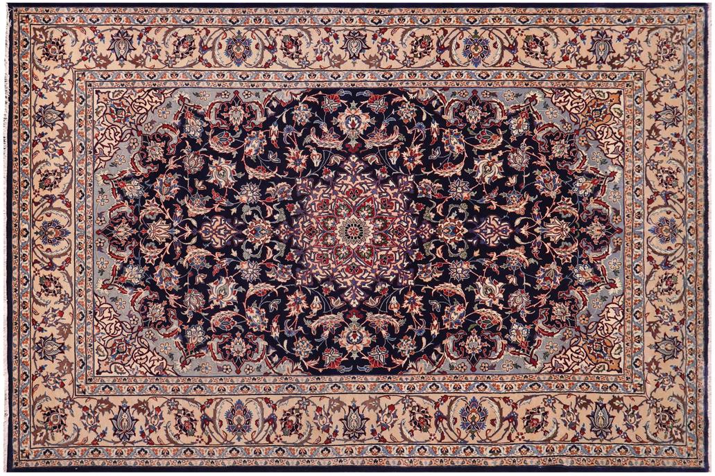 handmade Traditional Kashan Blue Beige Hand Knotted RECTANGLE 100% Wool Pile area rug 8x13