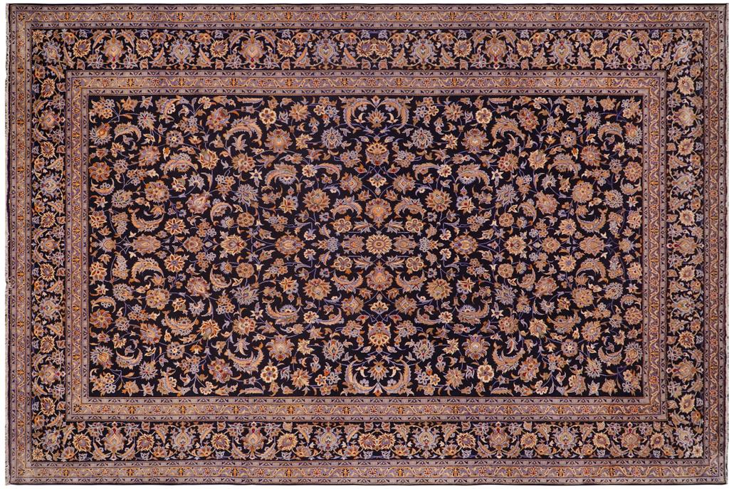 handmade Traditional Kashan Blue Gold Hand Knotted RECTANGLE 100% Wool Pile area rug 10x14