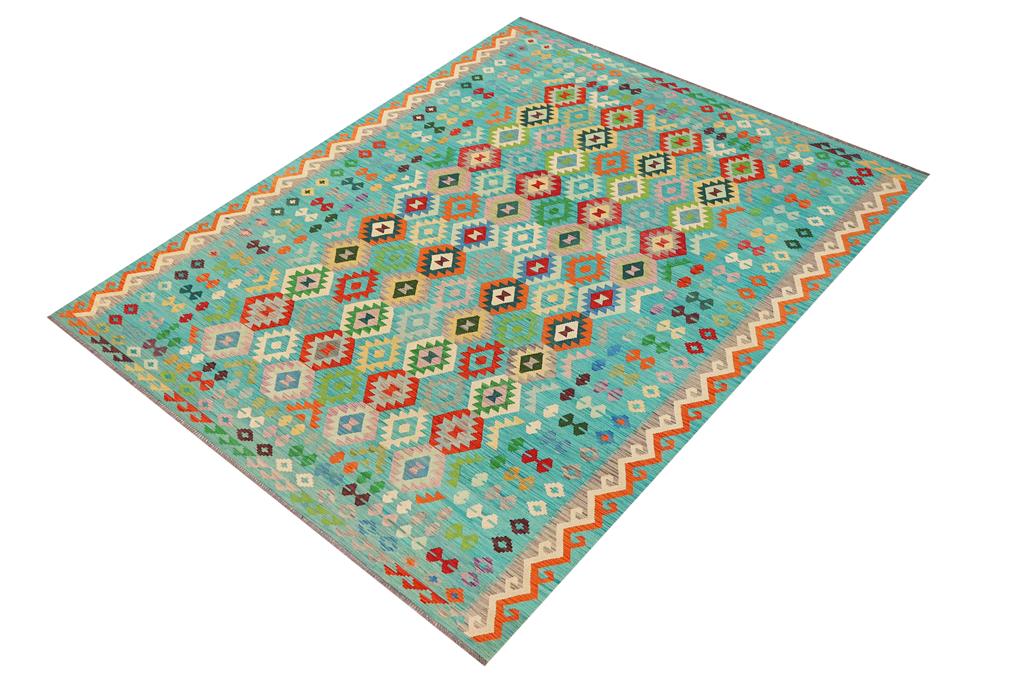 Flat Weave Kilim, Antique, Navaho, Vintage, Handmade, Geometric Kilim Blue Red Hand-Woven Rectangle 100% Wool Area Rug 9 x 12