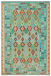 Flat Weave Kilim Antique Navaho Vintage handmade Geometric Kilim Blue Red Hand-Woven Rectangle 100% Wool Area Rug 9x12