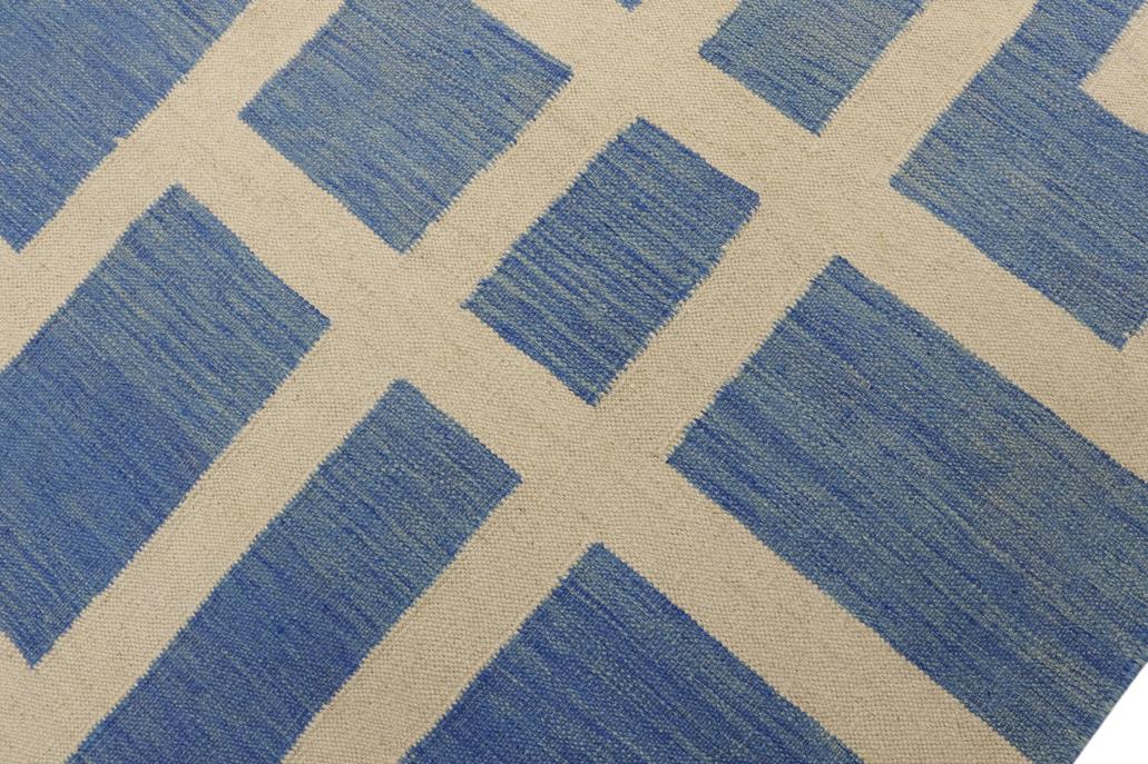 Flat Weave Kilim, Antique, Navaho, Vintage, Handmade, Modern Kilim Blue Beige Hand-Woven Rectangle 100% Wool Area Rug 8 x 10