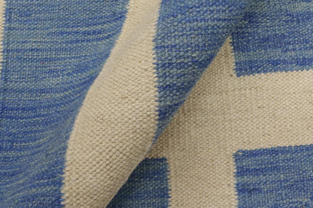 Flat Weave Kilim, Antique, Navaho, Vintage, Handmade, Modern Kilim Blue Beige Hand-Woven Rectangle 100% Wool Area Rug 8 x 10