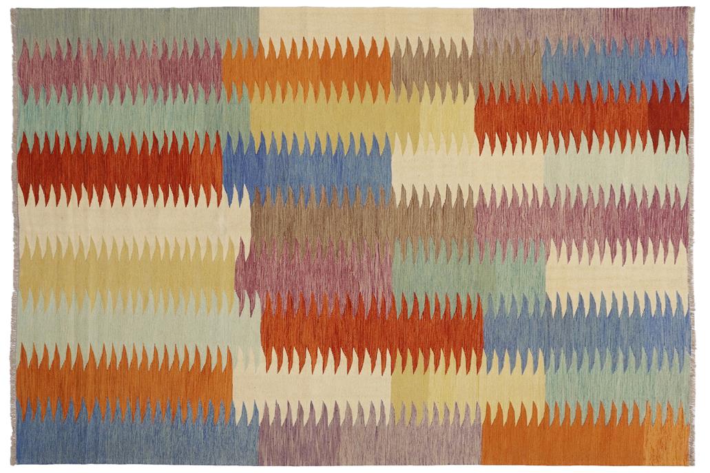 Flat Weave Kilim, Antique, Navaho, Vintage, Handmade, Modern Kilim Rust Blue Hand-Woven Rectangle 100% Wool Area Rug 8 x 10