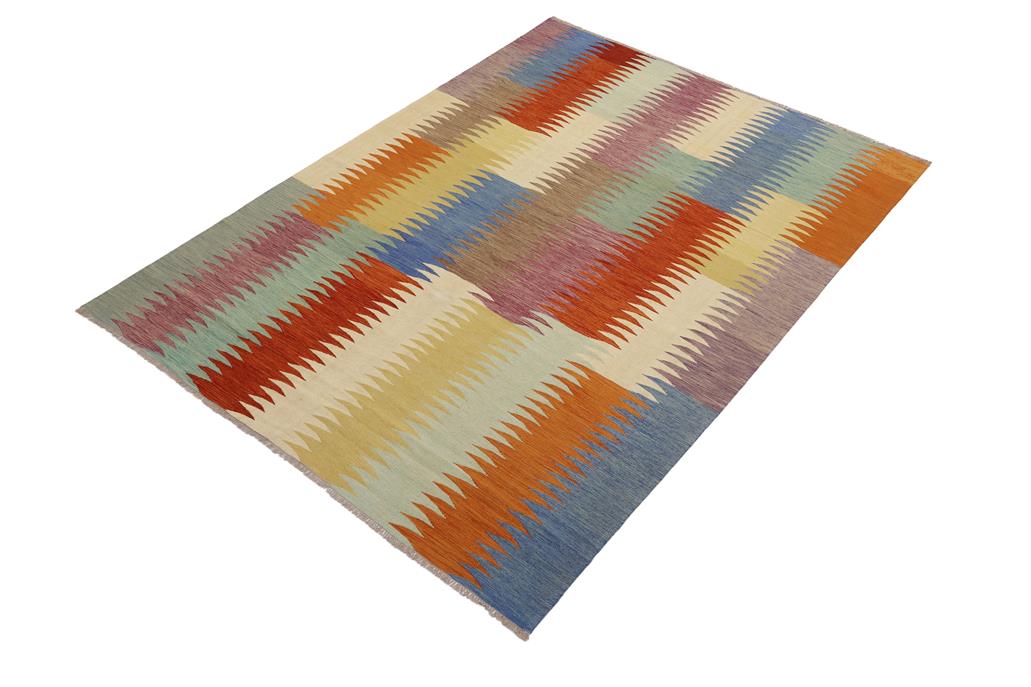 Flat Weave Kilim, Antique, Navaho, Vintage, Handmade, Modern Kilim Rust Blue Hand-Woven Rectangle 100% Wool Area Rug 8 x 10