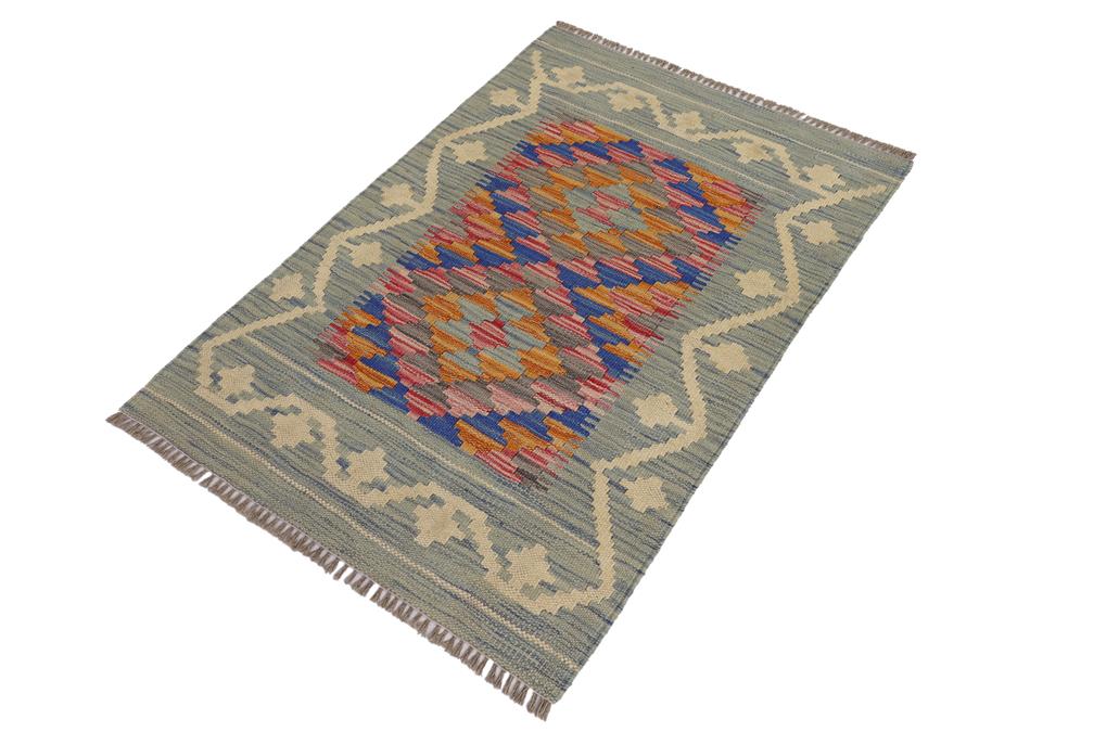 Flat Weave Kilim, Antique, Navaho, Vintage, Handmade, Geometric Kilim Blue Beige Hand-Woven Rectangle 100% Wool Area Rug 2 x 3