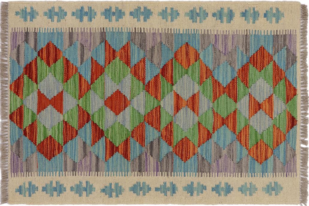 Flat Weave Kilim, Antique, Navaho, Vintage, Handmade, Geometric Kilim Beige Blue Hand-Woven Rectangle 100% Wool Area Rug 2 x 3