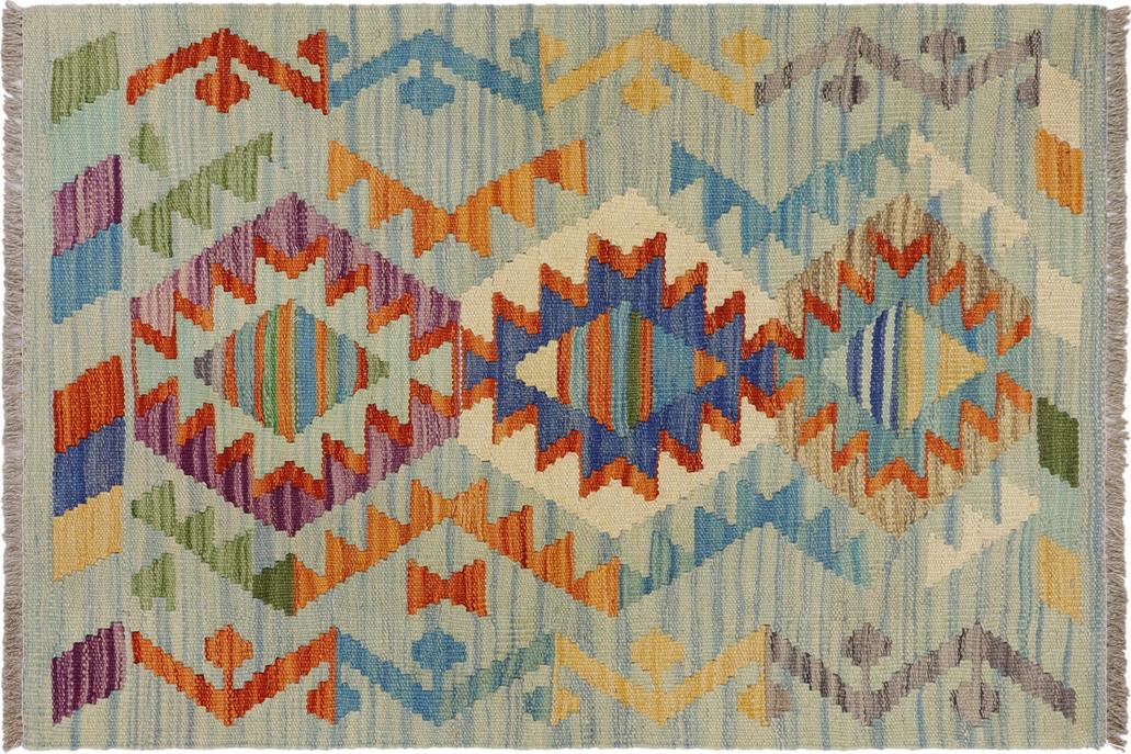 Flat Weave Kilim, Antique, Navaho, Vintage, Handmade, Geometric Kilim Blue Beige Hand-Woven Rectangle 100% Wool Area Rug 2 x 3
