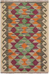 Flat Weave Kilim Antique Navaho Vintage handmade Geometric Kilim Gray Beige Hand-Woven Rectangle 100% Wool Area Rug 2x3