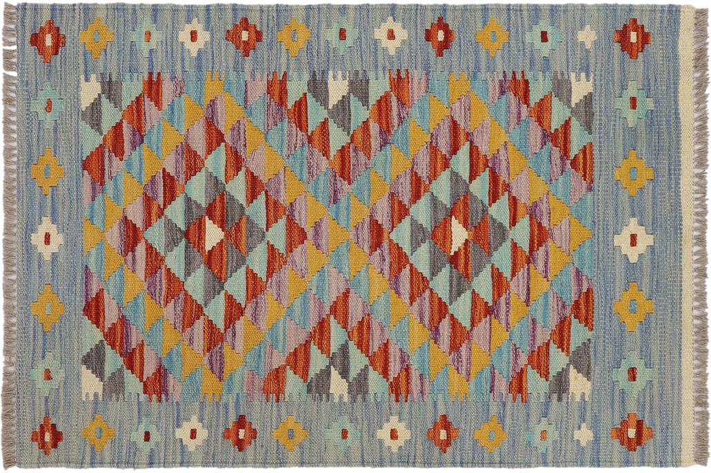 Flat Weave Kilim, Antique, Navaho, Vintage, Handmade, Geometric Kilim Blue Rust Hand-Woven Rectangle 100% Wool Area Rug 2 x 3