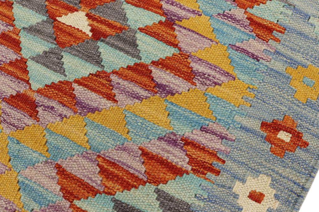 Flat Weave Kilim, Antique, Navaho, Vintage, Handmade, Geometric Kilim Blue Rust Hand-Woven Rectangle 100% Wool Area Rug 2 x 3