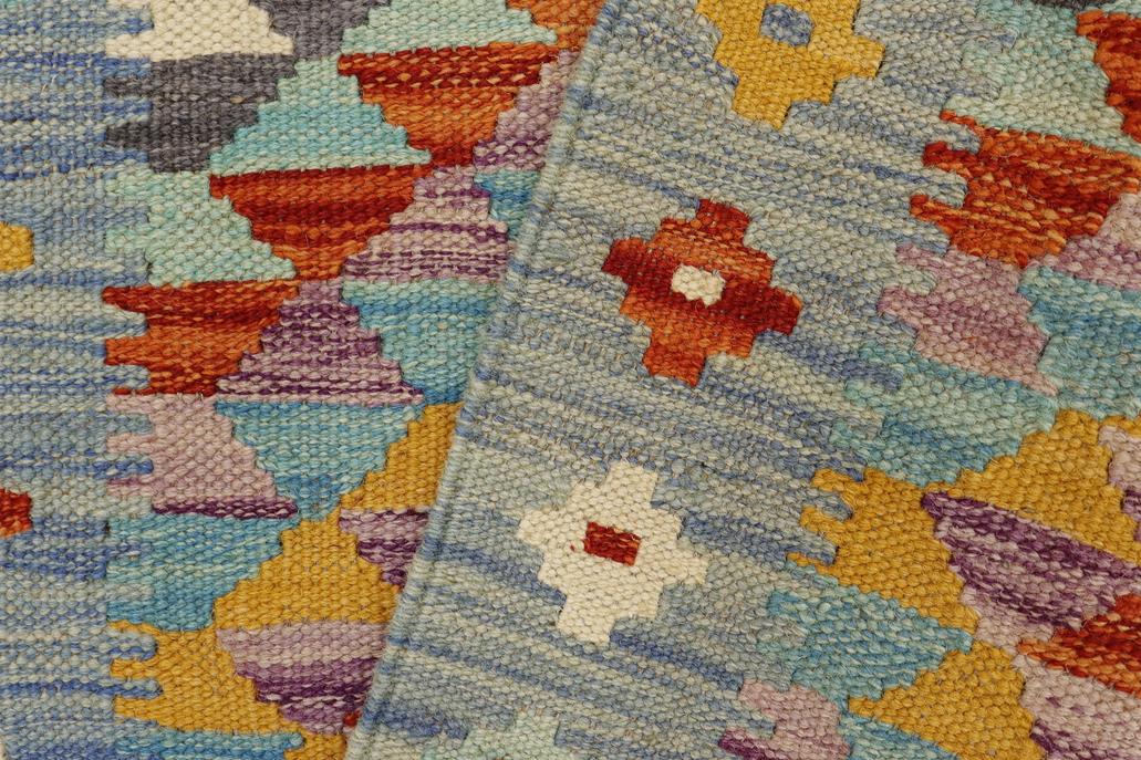 Flat Weave Kilim, Antique, Navaho, Vintage, Handmade, Geometric Kilim Blue Rust Hand-Woven Rectangle 100% Wool Area Rug 2 x 3