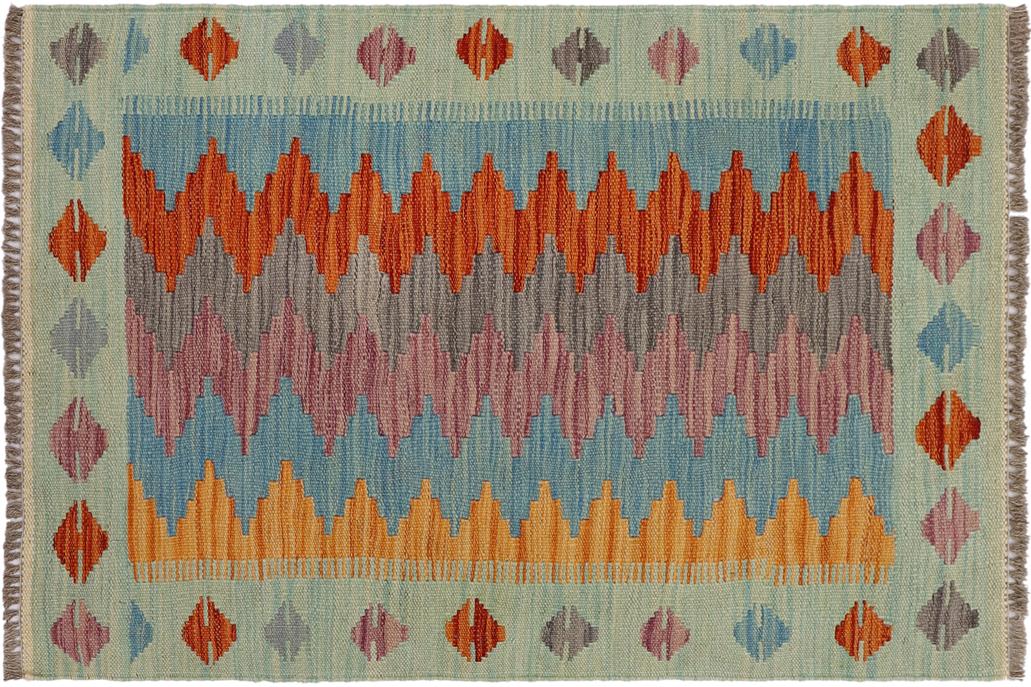 Flat Weave Kilim, Antique, Navaho, Vintage, Handmade, Modern Kilim Blue Rust Hand-Woven Rectangle 100% Wool Area Rug 2 x 3