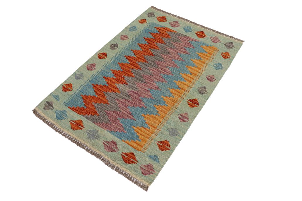 Flat Weave Kilim, Antique, Navaho, Vintage, Handmade, Modern Kilim Blue Rust Hand-Woven Rectangle 100% Wool Area Rug 2 x 3