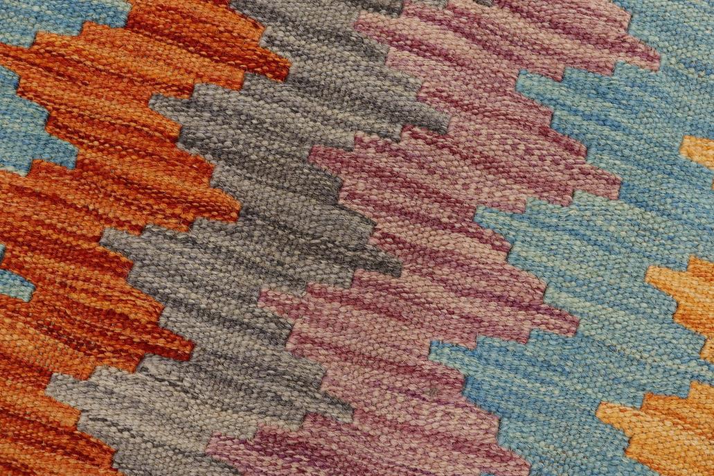 Flat Weave Kilim, Antique, Navaho, Vintage, Handmade, Modern Kilim Blue Rust Hand-Woven Rectangle 100% Wool Area Rug 2 x 3