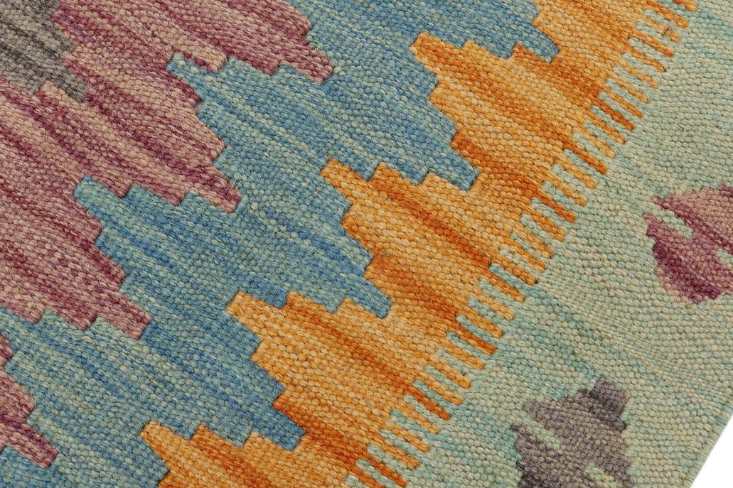 Flat Weave Kilim, Antique, Navaho, Vintage, Handmade, Modern Kilim Blue Rust Hand-Woven Rectangle 100% Wool Area Rug 2 x 3