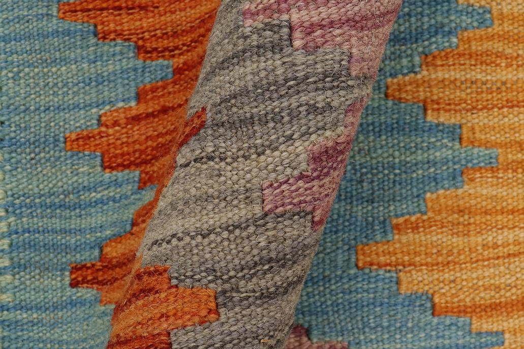 Flat Weave Kilim, Antique, Navaho, Vintage, Handmade, Modern Kilim Blue Rust Hand-Woven Rectangle 100% Wool Area Rug 2 x 3