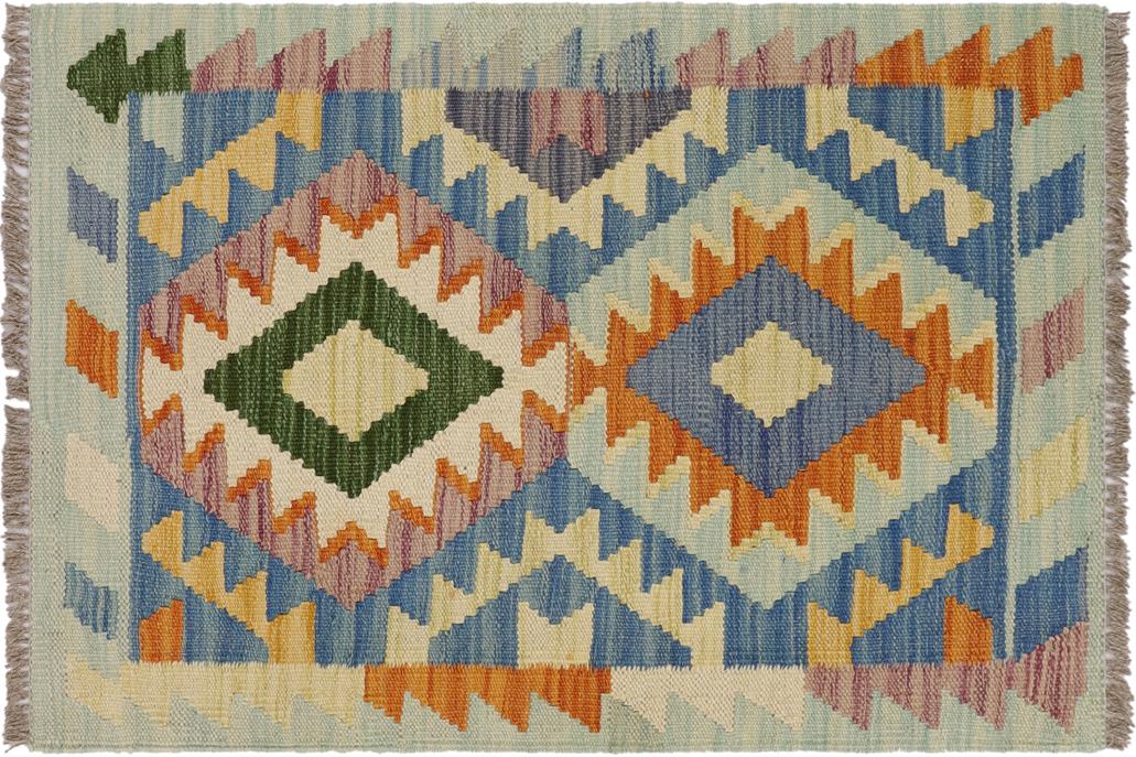 Flat Weave Kilim, Antique, Navaho, Vintage, Handmade, Geometric Kilim Blue Beige Hand-Woven Rectangle 100% Wool Area Rug 2 x 3