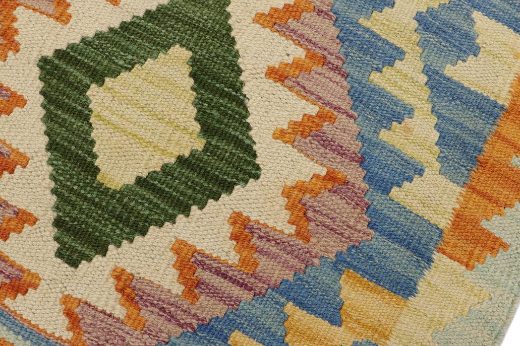 Flat Weave Kilim, Antique, Navaho, Vintage, Handmade, Geometric Kilim Blue Beige Hand-Woven Rectangle 100% Wool Area Rug 2 x 3