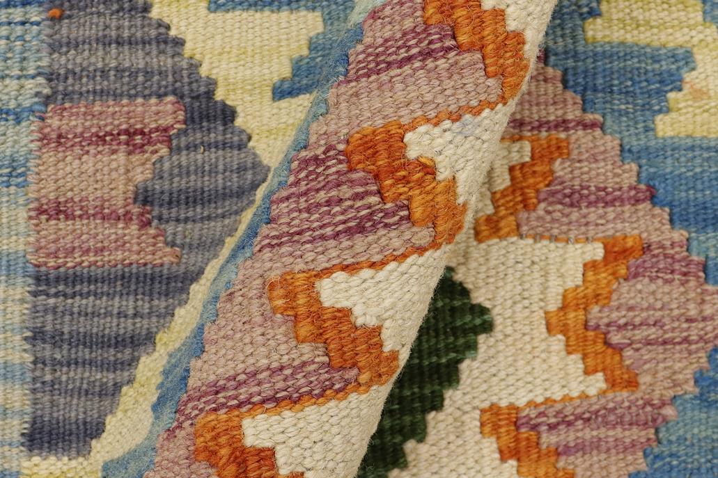 Flat Weave Kilim, Antique, Navaho, Vintage, Handmade, Geometric Kilim Blue Beige Hand-Woven Rectangle 100% Wool Area Rug 2 x 3
