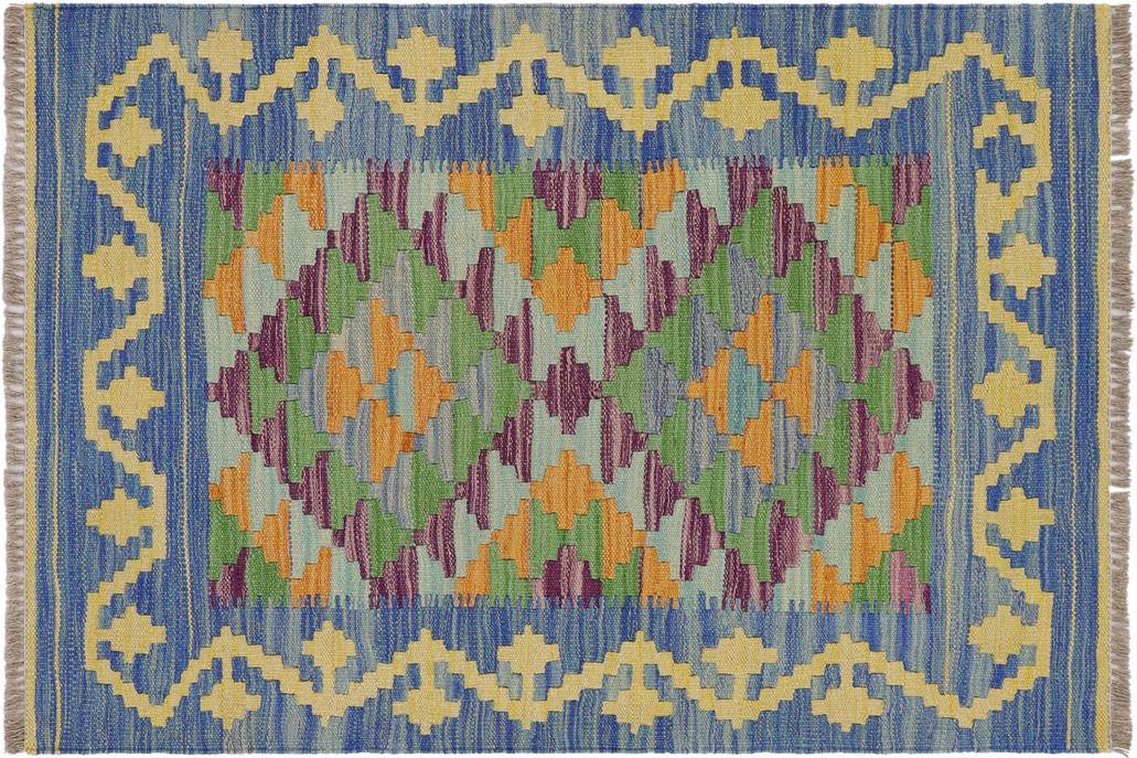 Flat Weave Kilim, Antique, Navaho, Vintage, Handmade, Geometric Kilim Blue Gold Hand-Woven Rectangle 100% Wool Area Rug 2 x 3